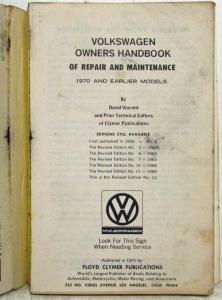 1970 and Prior VW Owners Handbook of Maintenance and Repair - Clymer 12th Ed
