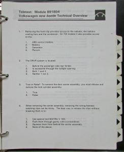 1998 VW New Beetle Technical Overview Service Training Guide with VHS