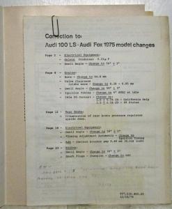 1975 Audi 100 LS - Audi Fox Model Changes Service Info Brochure with Extra Pages