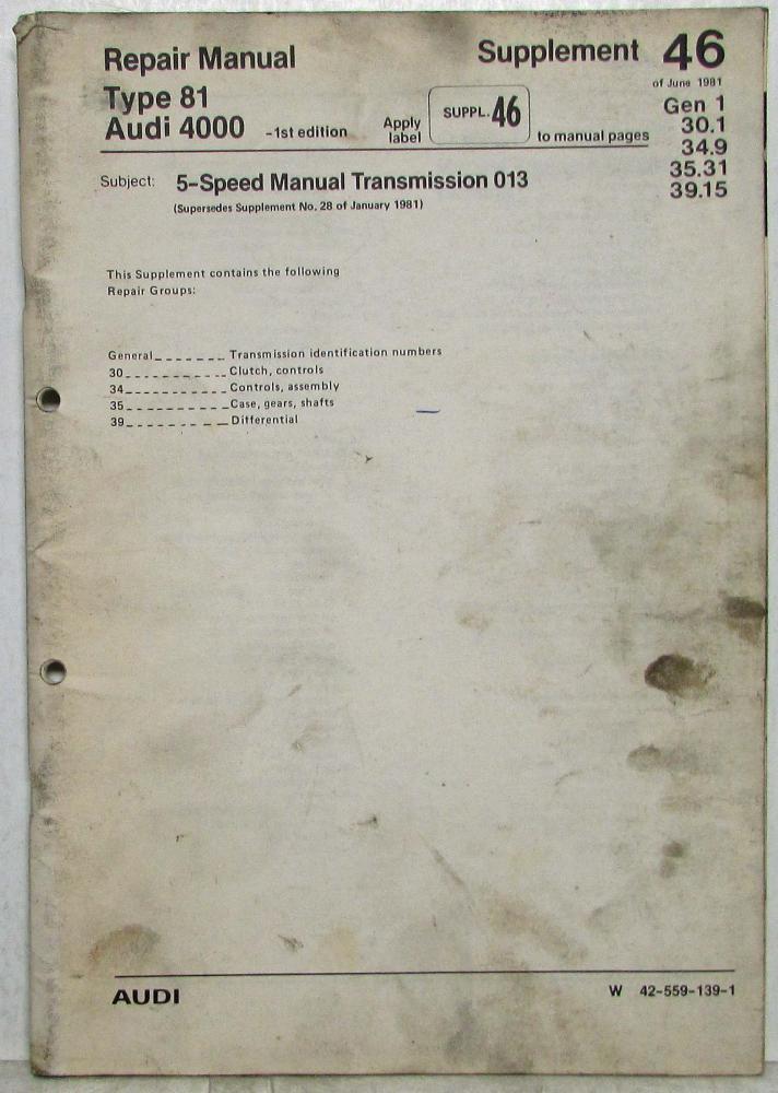 1981 Audi 4000 Type 81 5-Speed Manual Transmission Repair Manual Supplement 46