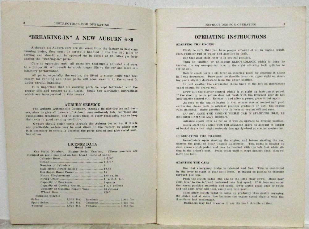 1929 Auburn 6-80 Instructions for Care and Operation Owners Manual