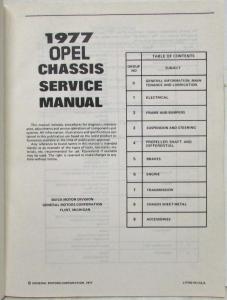 1977 Opel Chassis Service Shop Repair Manual