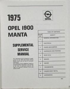 1975 Opel Manta 1900 Service Shop Repair Manual Supplement