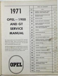 1971 Opel 1900 and GT Service Shop Repair Manual