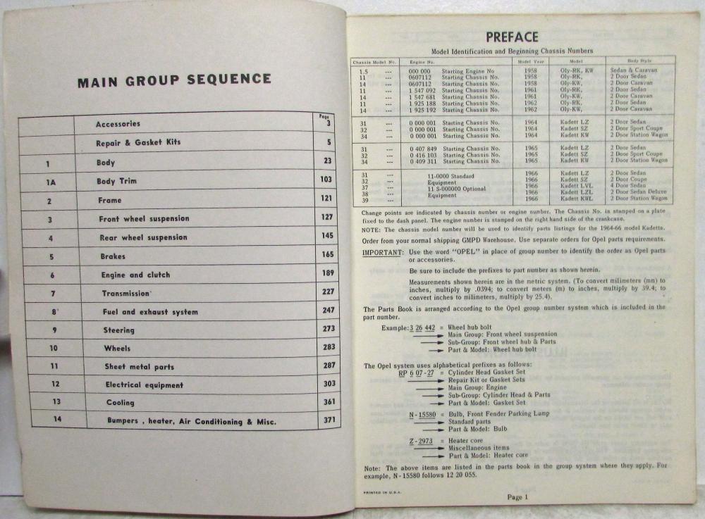 19641966 Opel Kadett 19581962 Olympia Rekord and Caravan Parts Book