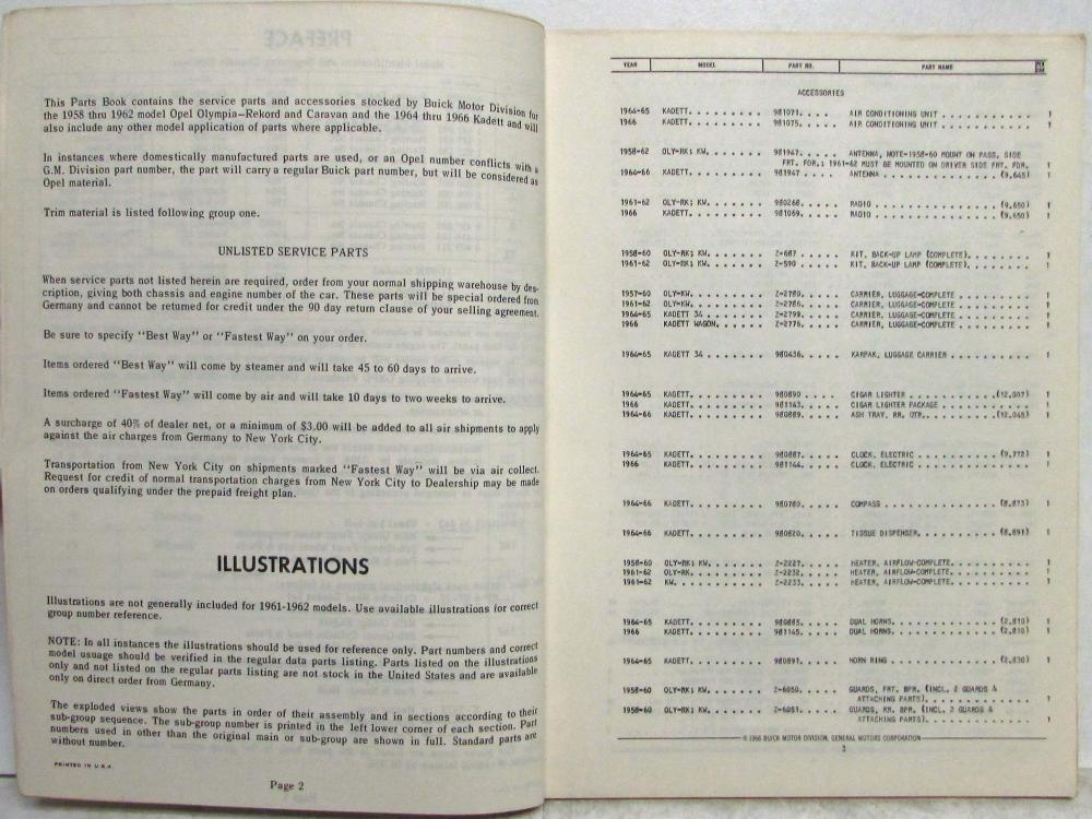 19641966 Opel Kadett 19581962 Olympia Rekord and Caravan Parts Book