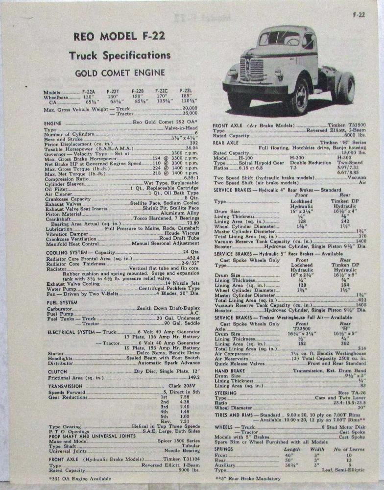 1951 REO F-22 Model Truck with Gold Comet Engine Specifications Sheet