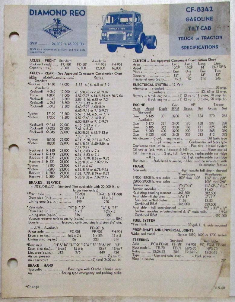 1968 Diamond REO Truck Model CF-8342 Gasoline Tilt Cab Specifications Brochure
