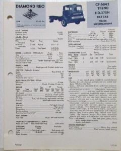 1969 Diamond REO CF-6842 Trend HD-275H Tilt Cab Truck Specifications Sheet
