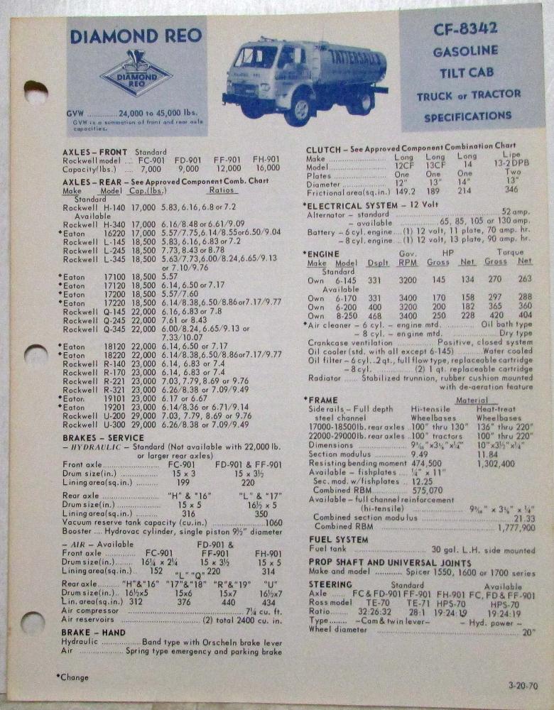 1970 Diamond REO CF-8342 Gasoline Tilt Cab Truck Specifications Brochure