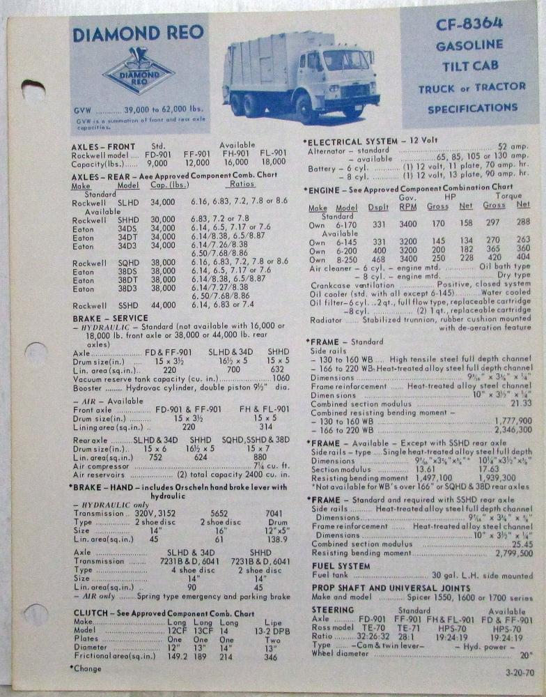 1970 Diamond REO CF-8364 Gasoline Tilt Cab Truck Specifications Brochure