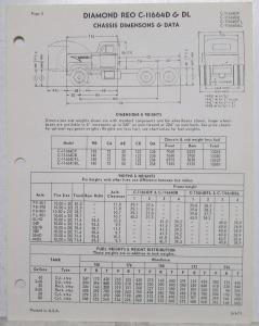 1971 Diamond REO C-11664D/DL Truck Specs with Chassis Dimensions and Data Sheet