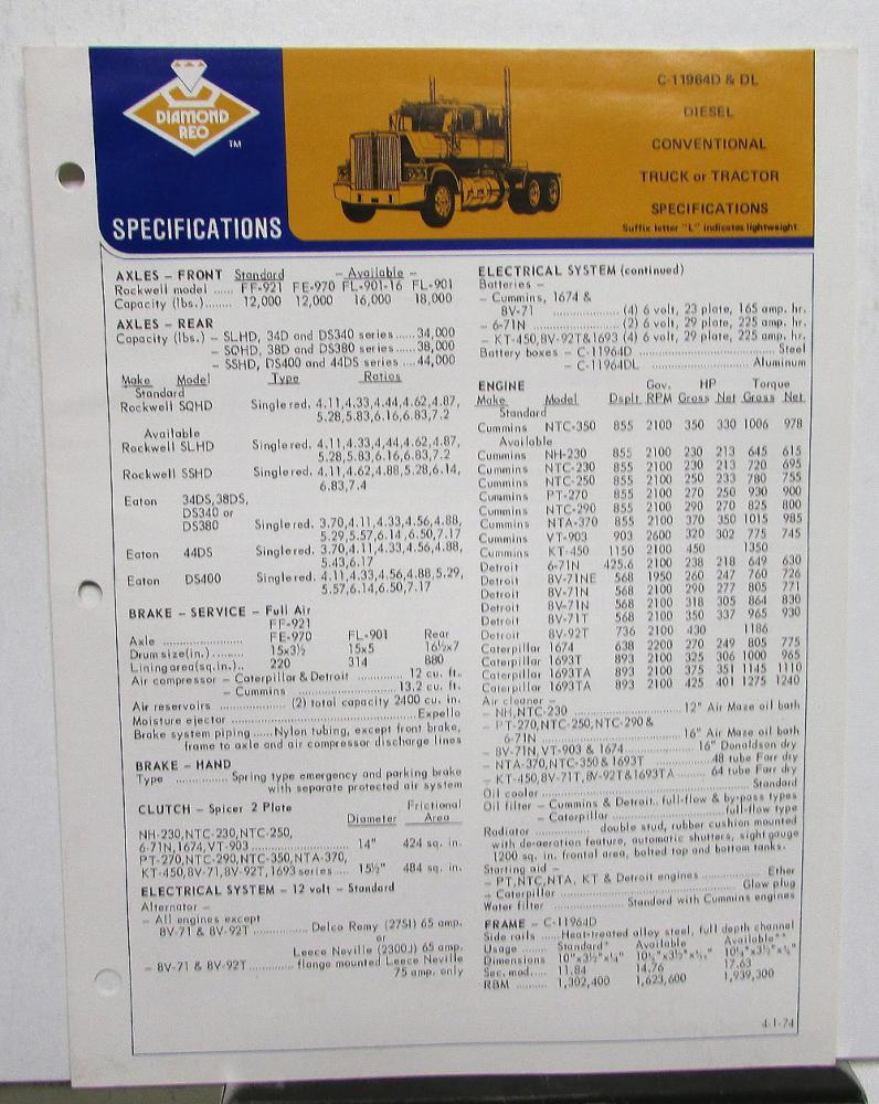 1974 Diamond REO C-11964D/DL Diesel Conventional Truck Specifications Brochure