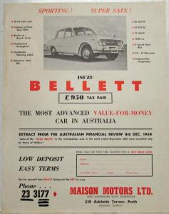 1965 Isuzu Bellett Ad Sheet - Australian Market