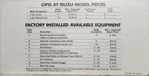 1976 Opel by Isuzu Exterior Colors and Trims with Suggested Prices Folder