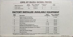 1976 Opel by Isuzu Exterior Colors and Trims with Suggested Prices Folder