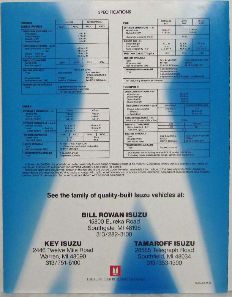 BROCHURE TROOPER2 サイズM 1986 Isuzu Full Line Sales Folder Brochure - Pup Trooper II