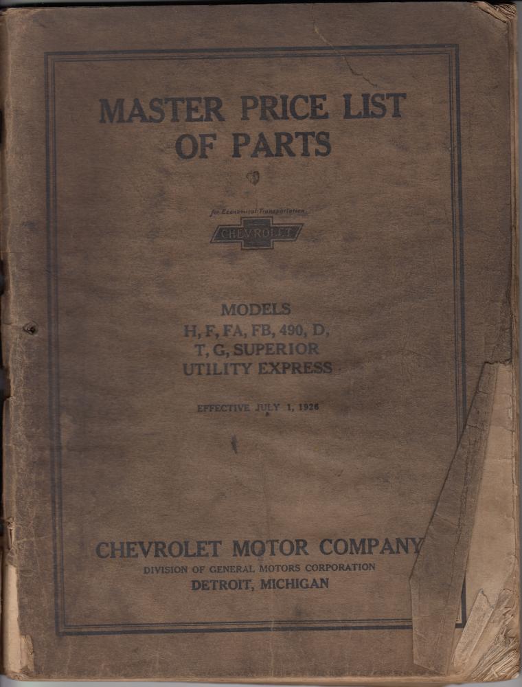 1912-1926 Chevrolet Trucks Parts Book - H F FA FB 490 D T G Utility Express