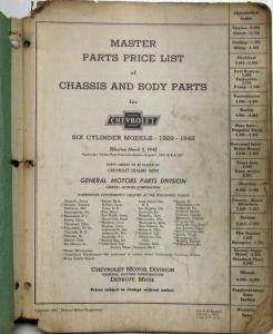 1929-1942 Chevrolet Chassis and Body Master Parts Price Book Six-Cylinder Models