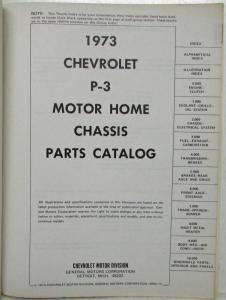 1973 Chevrolet P-3 Motor Home RV Chassis Parts Book Catalog