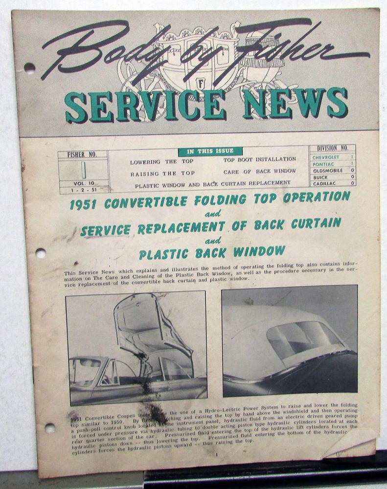 1951 Body By Fisher Service News Chevrolet Pontiac Convertible Top No 1 Vol 10