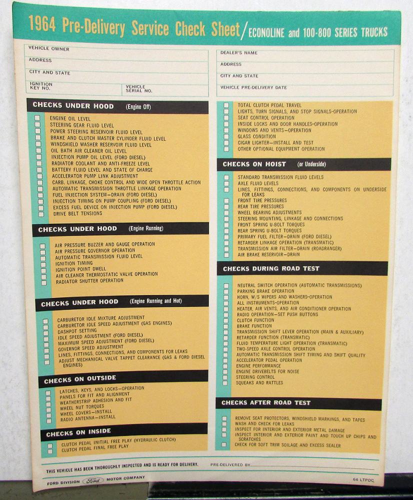 1964 Ford Truck Dealer Pre-Delivery Service Check Sheet Econoline Pickup 100-800
