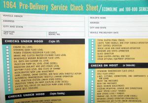 1964 Ford Truck Dealer Pre-Delivery Service Check Sheet Econoline Pickup 100-800