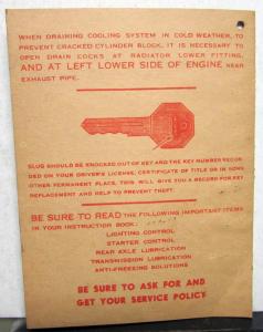 1940 Chevrolet New Car Information Hang Tag Break-in Oil Tire Pressure Original