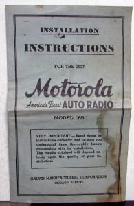 1937 Motorola Auto Radio Model 65 Installation Instruction Ford Chrysler Lincoln