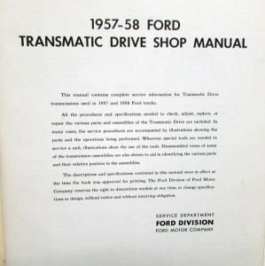 1957 1958 Ford Truck Dealer Transmatic Drive Service Shop Manual Repair Original