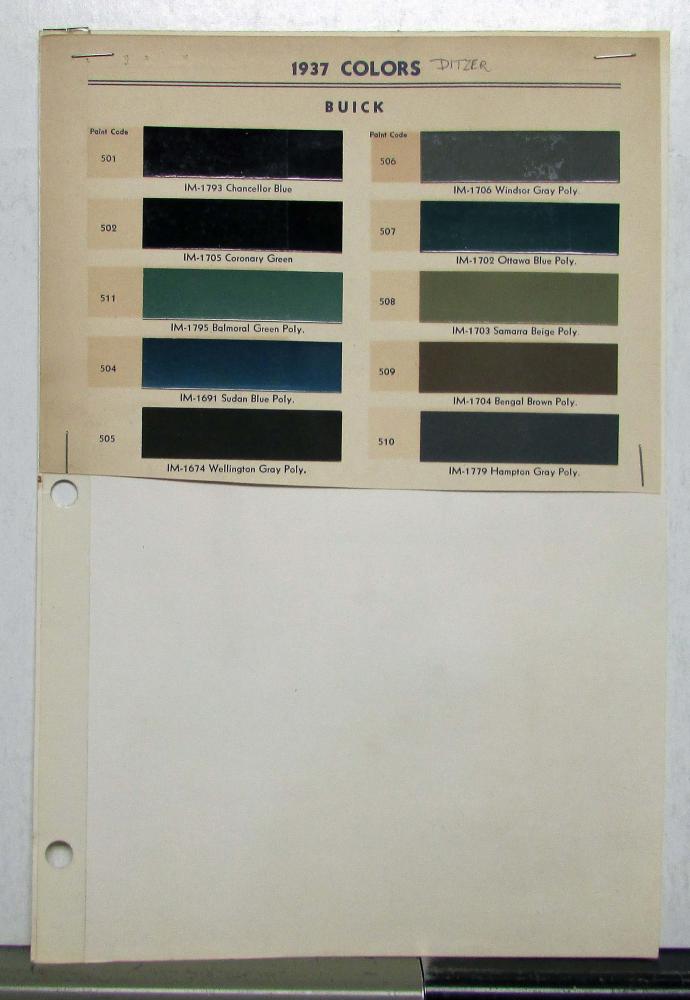 1937 Buick Paint Chips By Ditzer Leaflet Original