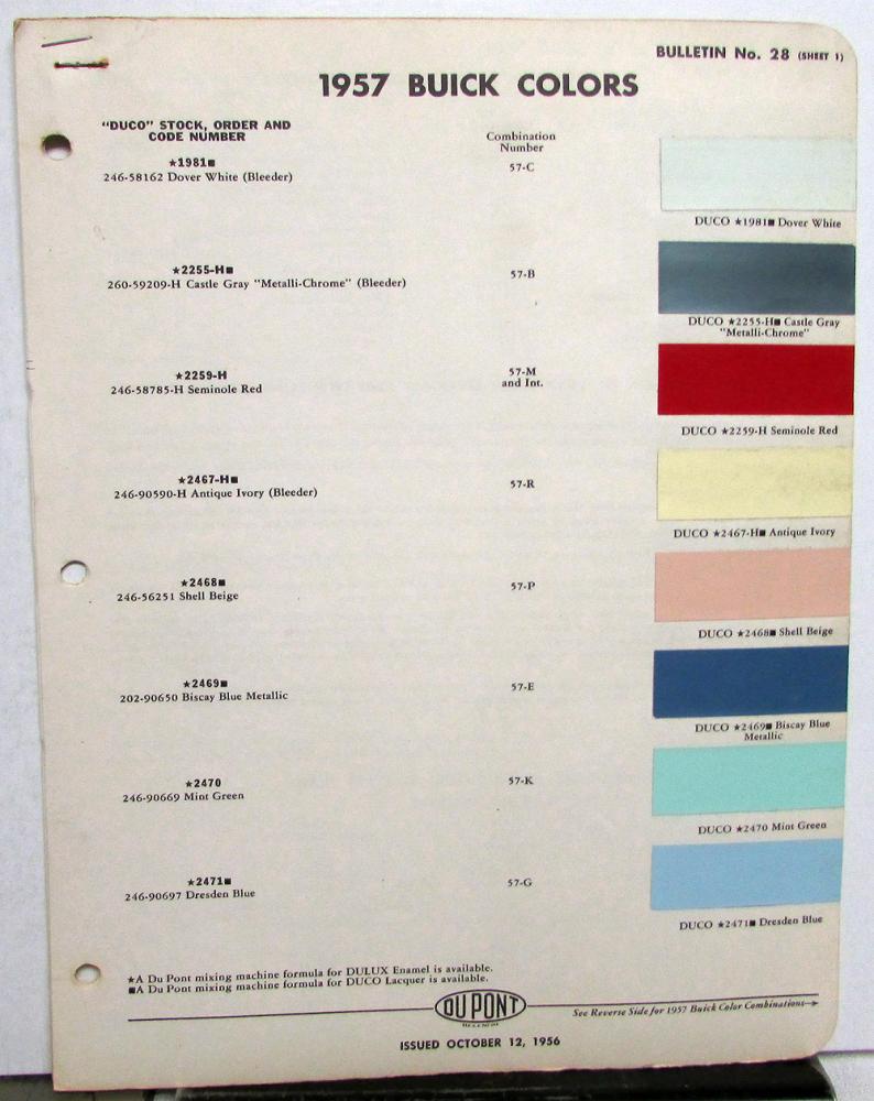 1957 Buick Paint Chips By DuPont Color Bulletin No 28 Original W/Spring Colors