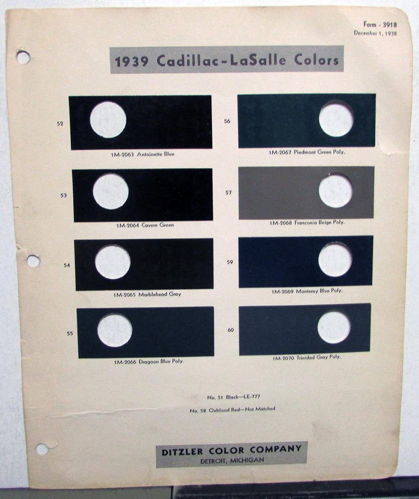 1939 Cadillac LaSalle Paint Chips By Ditzler Leaflet Original