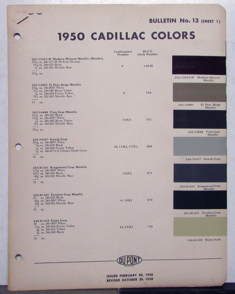 1950 Cadillac Paint Chips By DuPont Color Bulletin No 13 10/20/50 REVISED