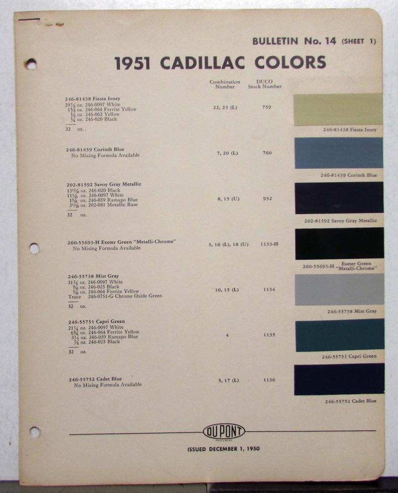 1951 Cadillac Paint Chips By DuPont Color Bulletin No 14 Original