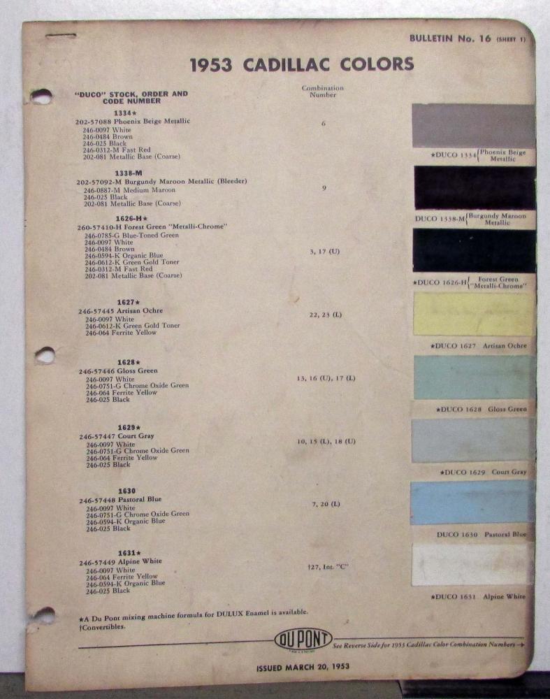 1953 Cadillac Paint Chips By DuPont Color Bulletin No 16 Original