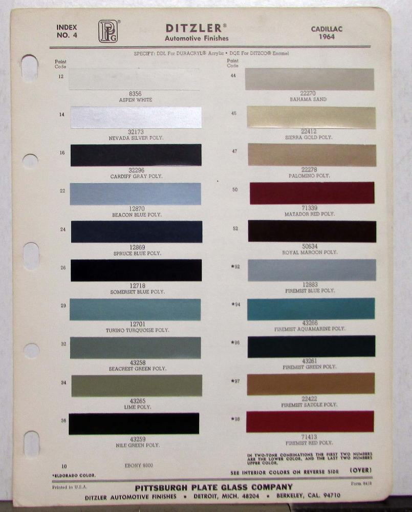 1964 Cadillac Paint Chips By Ditzler Color Sheet Original