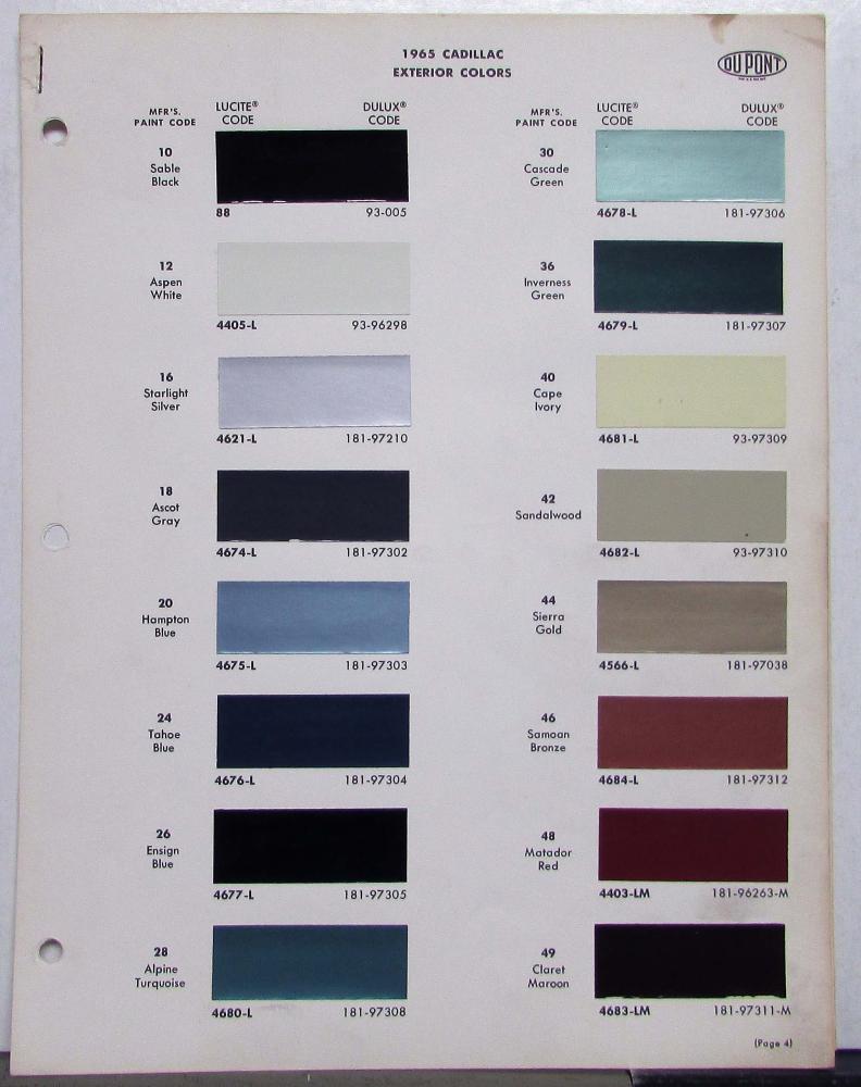 1965 Cadillac Paint Chips By DuPont Color Bulletin Original