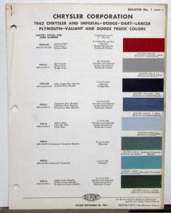 1962 Chrysler Imperial Dodge Dart Lancer Plymouth Valiant Paint Chips Bulletin