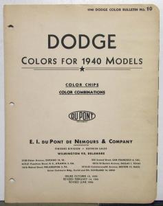 1940 Dodge DuPont Automotive Paint Chip Colors Bulletin No 10 REVISED 6/46