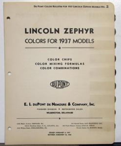 1937 Lincoln Zephyr DuPont Automotive Paint Chips Bulletin No 2 REVISED 1/30/38