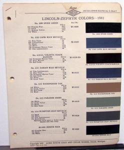 1941 Lincoln Zephyr Paint Chips Color Samples Leaflets By Acme