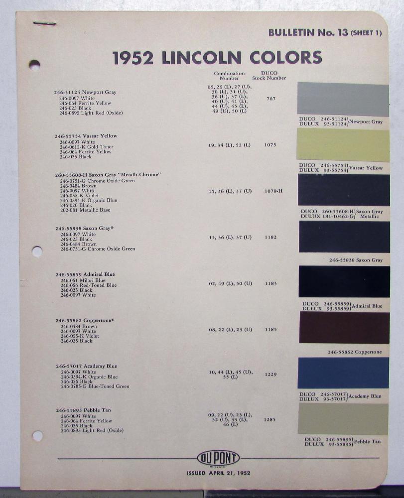 1952 Lincoln DuPont Automotive Paint Chips Bulletin No 13 Original