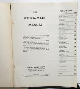 1960 Pontiac Dealer Hydra-Matic Transmission Service Shop Repair Manual Orig
