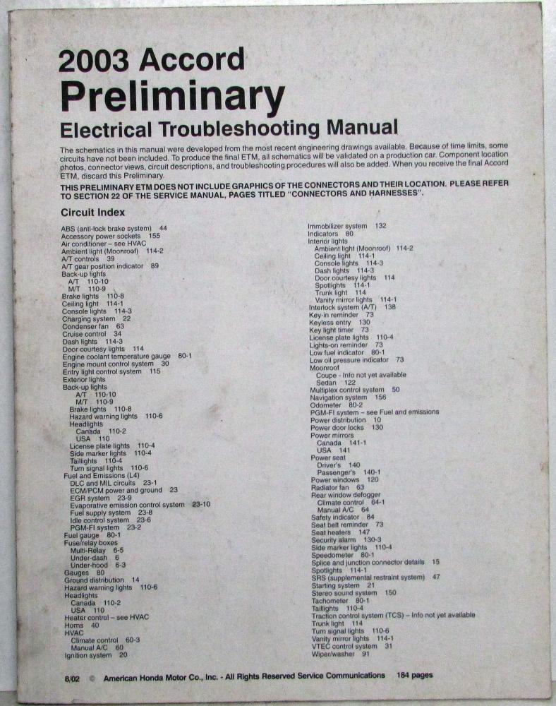 2003 Honda Accord Preliminary Electrical Troubleshooting Service Manual