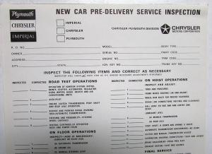 1966 1967 Chrysler Plymouth Dealer New Car Pre-Delivery Inspection Sheet Orig