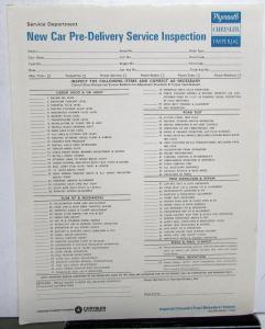 1968 1969 Chrysler Plymouth Dealer New Car Pre-Delivery Inspection Sheet Orig