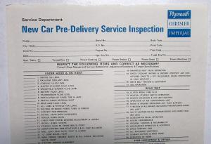 1968 1969 Chrysler Plymouth Dealer New Car Pre-Delivery Inspection Sheet Orig