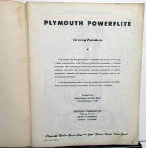 1954 1955 Plymouth PowerFlite Transmission Dealer Service Shop Manual Orig