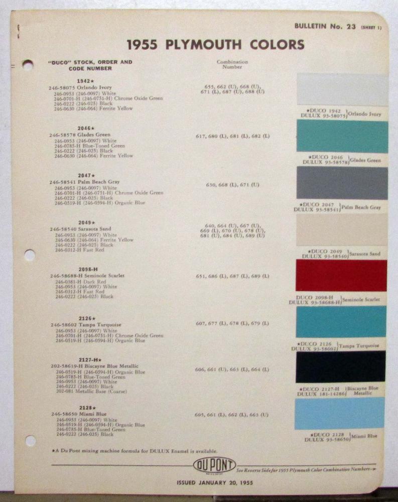 1955 Plymouth DuPont Automotive Paint Chips Bulletin 23 Original